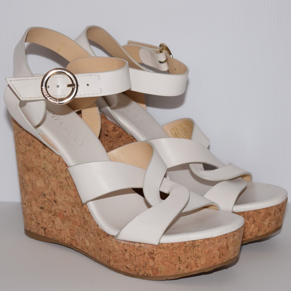 Jimmy Choo London 'Aleili' White Ankle Strap Leather Cork Wedge Size EU 40/US 10